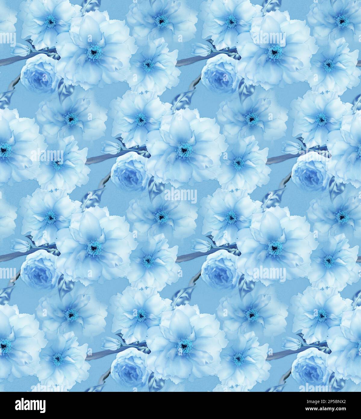 Bleu cerise sakura fleur bleu art numérique sans couture motif texture arrière-plan. Banque D'Images
