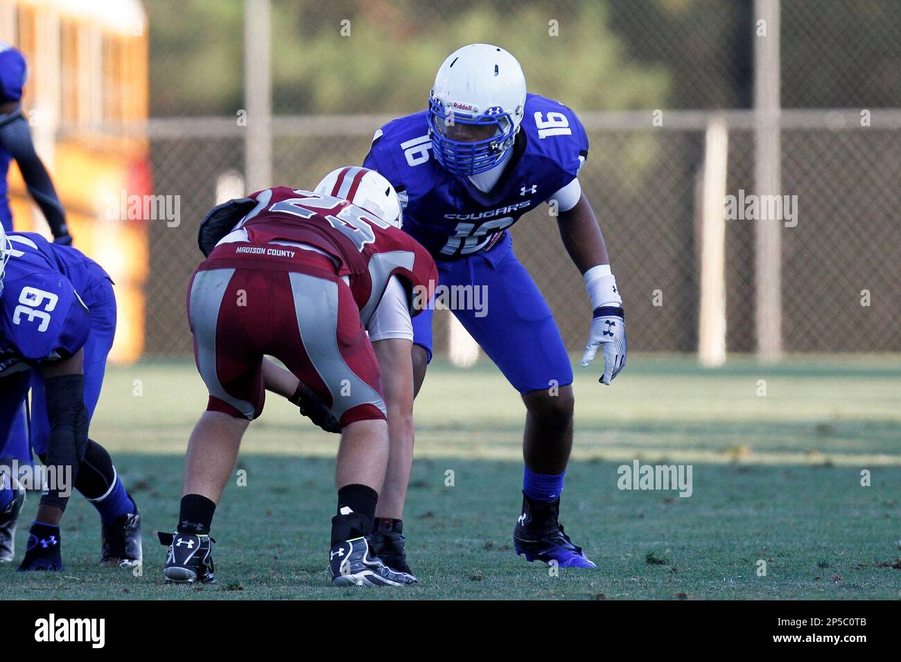 Godby High School Cougars Outside Linebacker Jacob Pugh (16) during the Spring Football game against Madison County Cowboys at Gene Cox Stadium in Tallahassee, FL on May 24, 2013. Pugh, who is ranked in ESPN150 high school football players in the nation for the class of 2014 is committed to the Florida State Seminoles. (AP Photo/Don Juan Moore) Banque D'Images