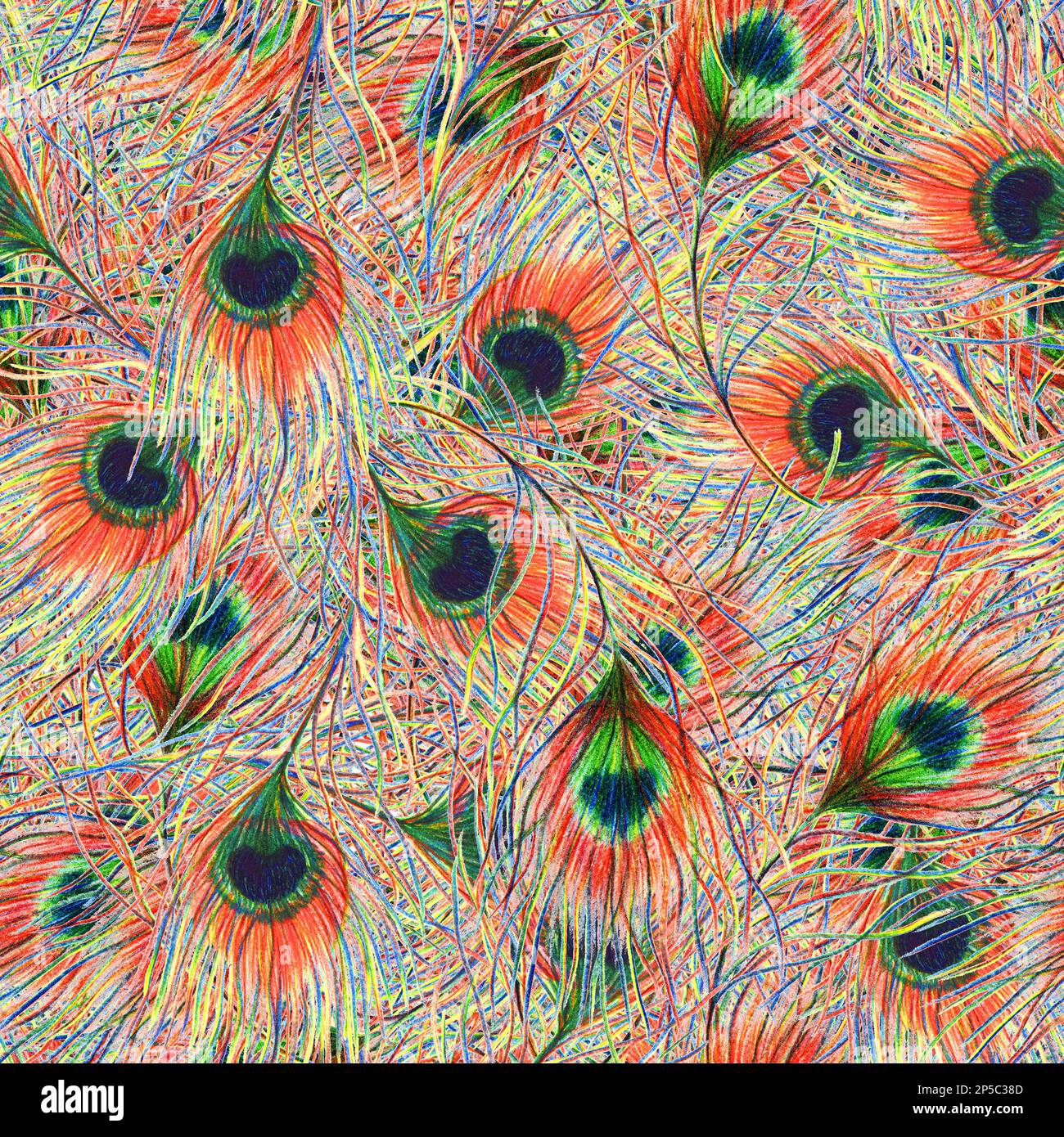 Arc-en-ciel coloré paon oiseau plume sans couture motif texture d'arrière-plan. Banque D'Images