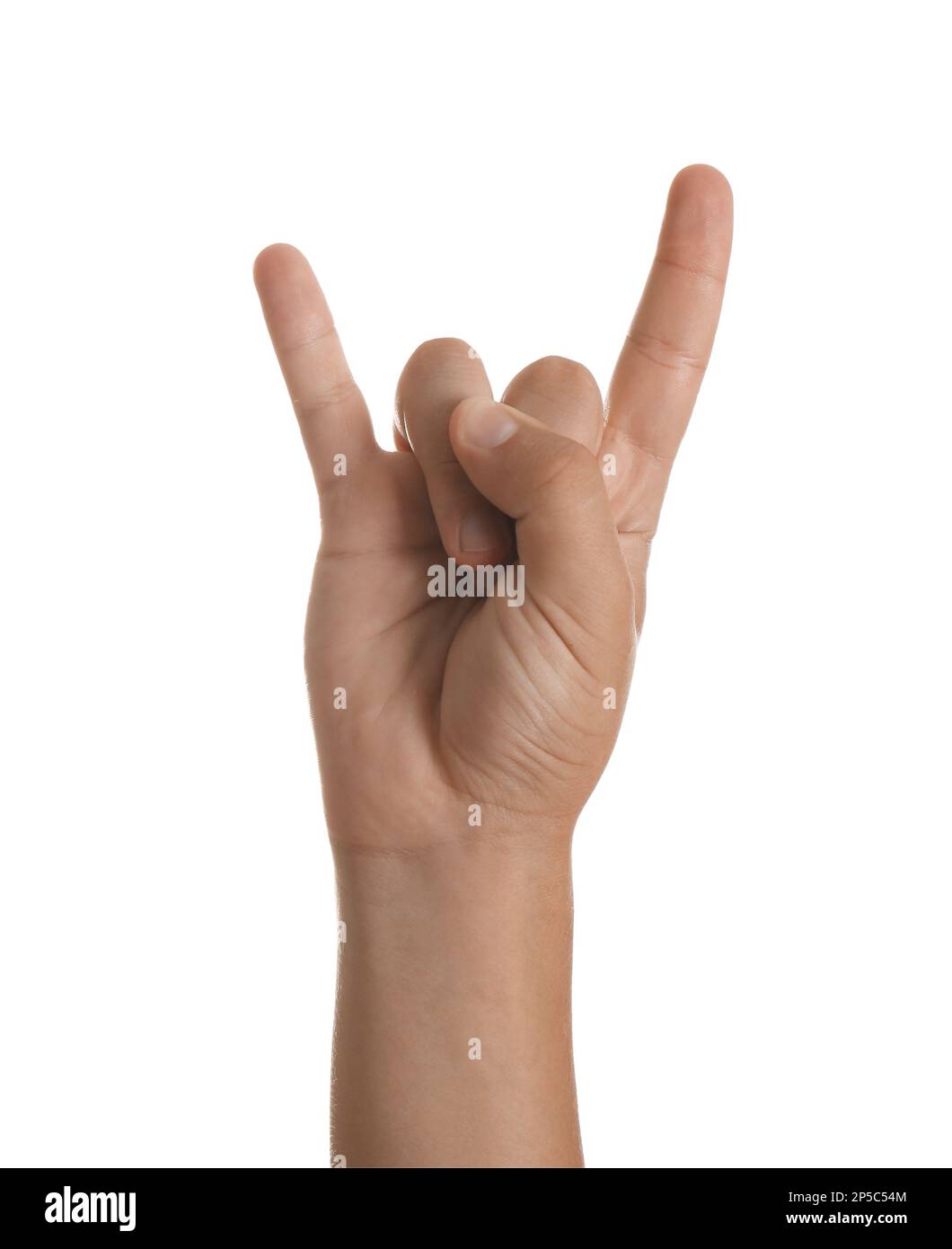 Adolescent montrant un geste rock sur fond blanc, gros plan Banque D'Images