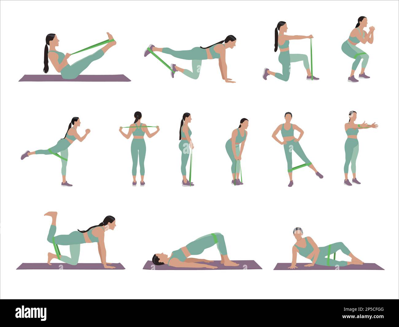 Femme faisant des exercices avec la bande élastique de forme physique sur  fond blanc, collage. Illustration vectorielle Photo Stock - Alamy