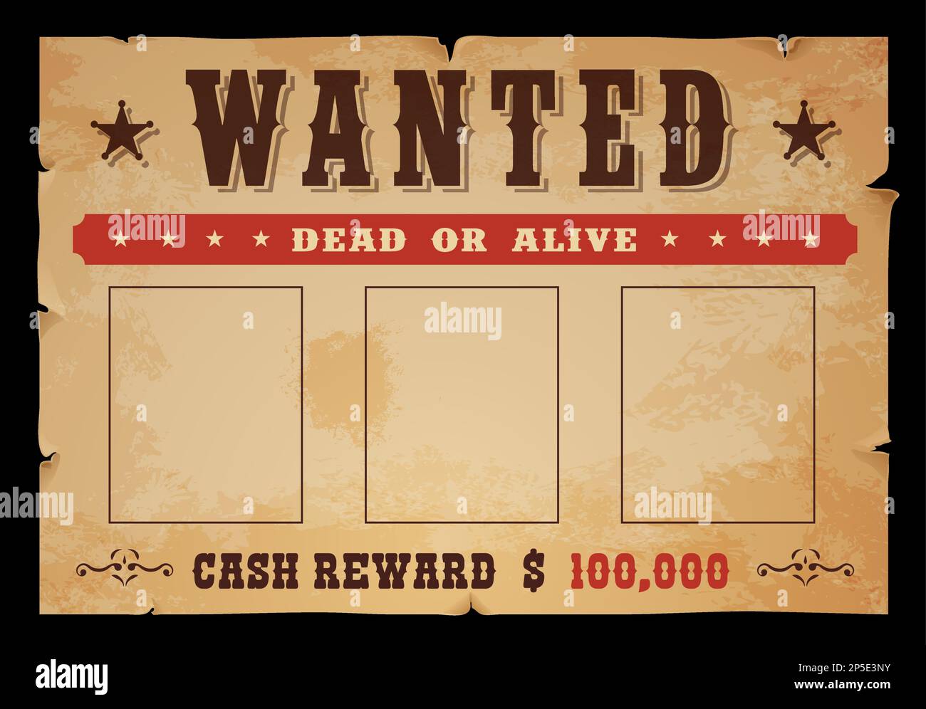 WESTERN voulait bannière avec récompense. Bannière vintage Dead or Alive ou modèle de scénario de notification criminelle de shérif de Wild West. Papier déchiré de la vieille berline américaine W Illustration de Vecteur