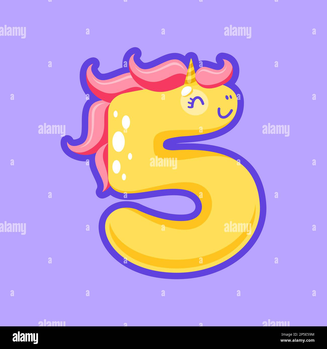 Cinq, cinquième nombre unicorn mignon animal dans la perruque avec visage drôle, 5 personnage de dessin animé. Vecteur élément de police ABC à cinq chiffres, chiffre, calendrier, calculatrice Illustration de Vecteur