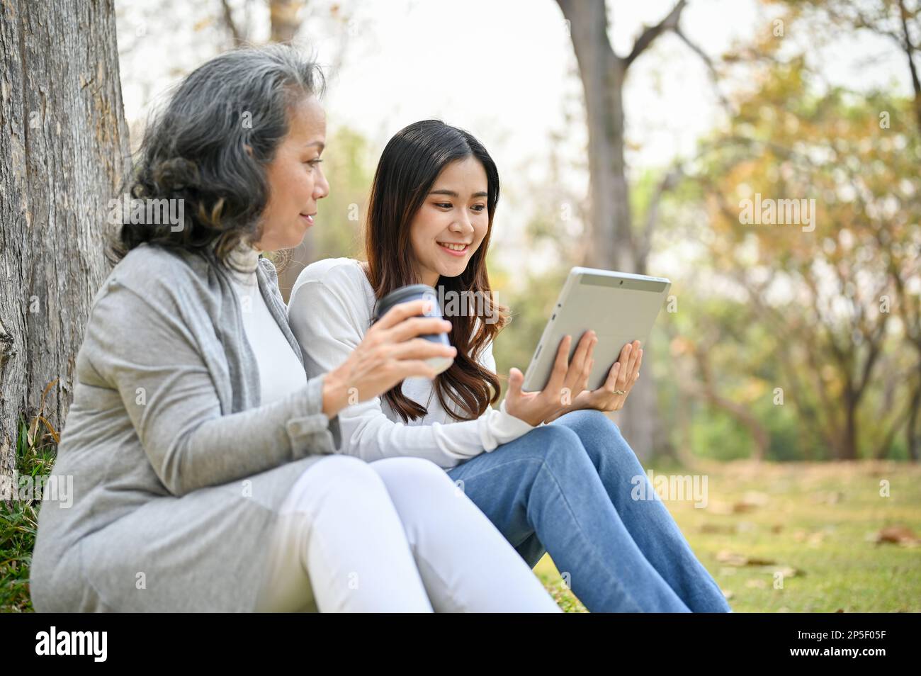 Une grand-mère asiatique heureuse et gentille qui se rafraîchit dans le parc vert avec sa petite-fille, assise sous l'arbre et regardant des clips vidéo amusants sur une tablette Banque D'Images
