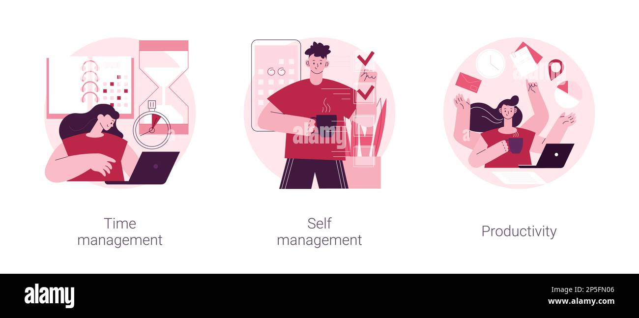 Jeu d'illustrations vectorielles abstraites du logiciel de productivité. Gestion du temps, autogestion, productivité au travail, planning du projet, performances des employés, métaphore abstraite de planification efficace. Illustration de Vecteur