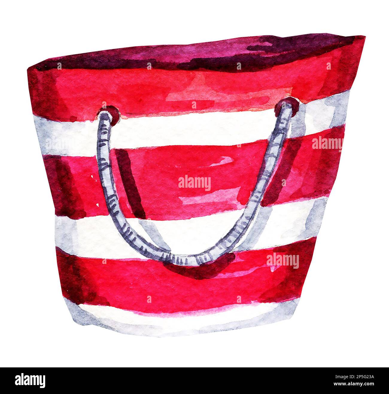 Illustration aquarelle d'un sac de plage rayé, illustration dessinée à la main, croquis, accessoire d'été, rouge et blanc Banque D'Images