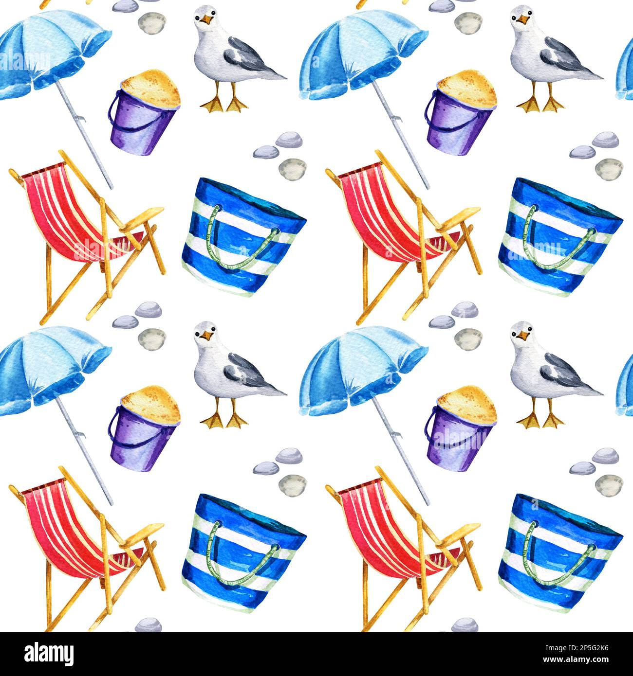 Motif aquarelle sans couture avec mouettes, parapluie du soleil, jouets de plage, pierres sur fond blanc. Illustration aquarelle. Dessiner à la main l'esquisse. Banque D'Images