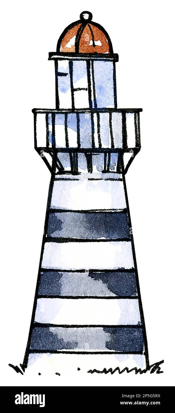 Illustration aquarelle du phare. Faire un dessin à la main. Idéal pour les cartes postales, les bannières, le bord de mer. Bleu, blanc, marron, noir. Banque D'Images