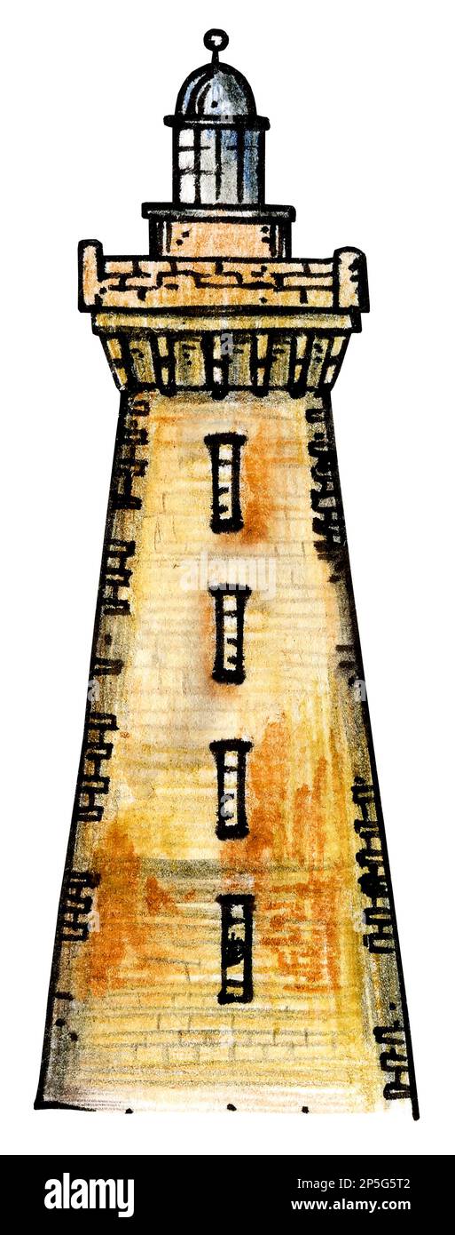 Illustration aquarelle de l'ancien phare. Faire un dessin à la main. Idéal pour les cartes postales, les bannières, le bord de mer. Jaune, marron, noir. Banque D'Images