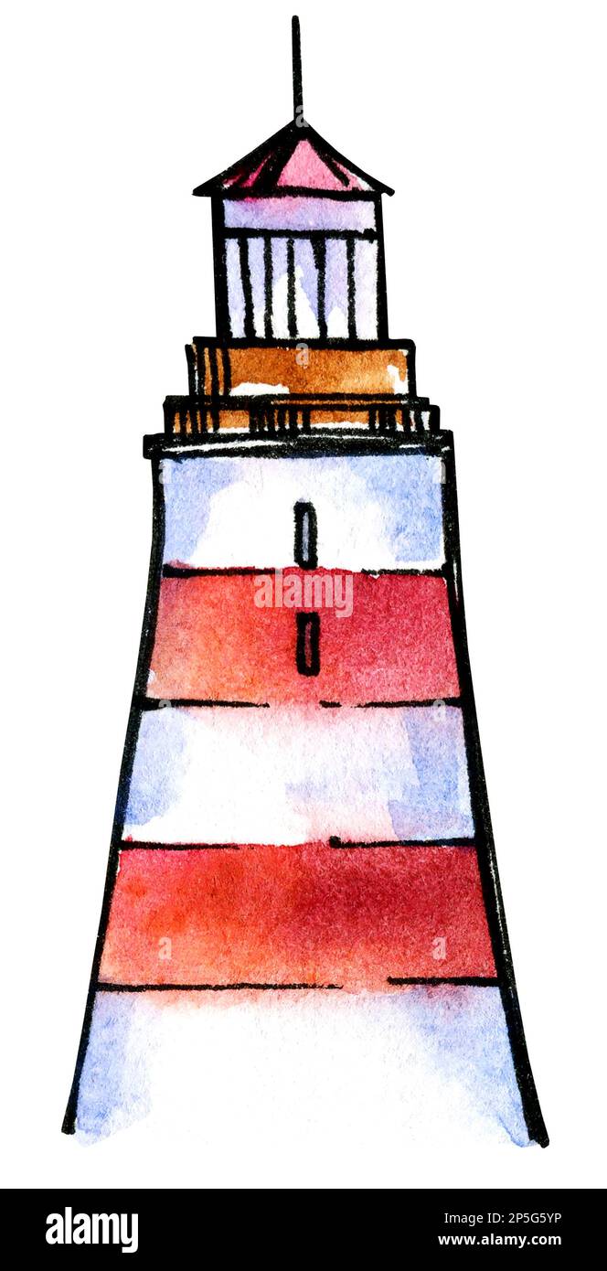 Illustration aquarelle du phare. Faire un dessin à la main. Idéal pour les cartes postales, les bannières, le bord de mer. Rouge, blanc, marron, noir. Banque D'Images