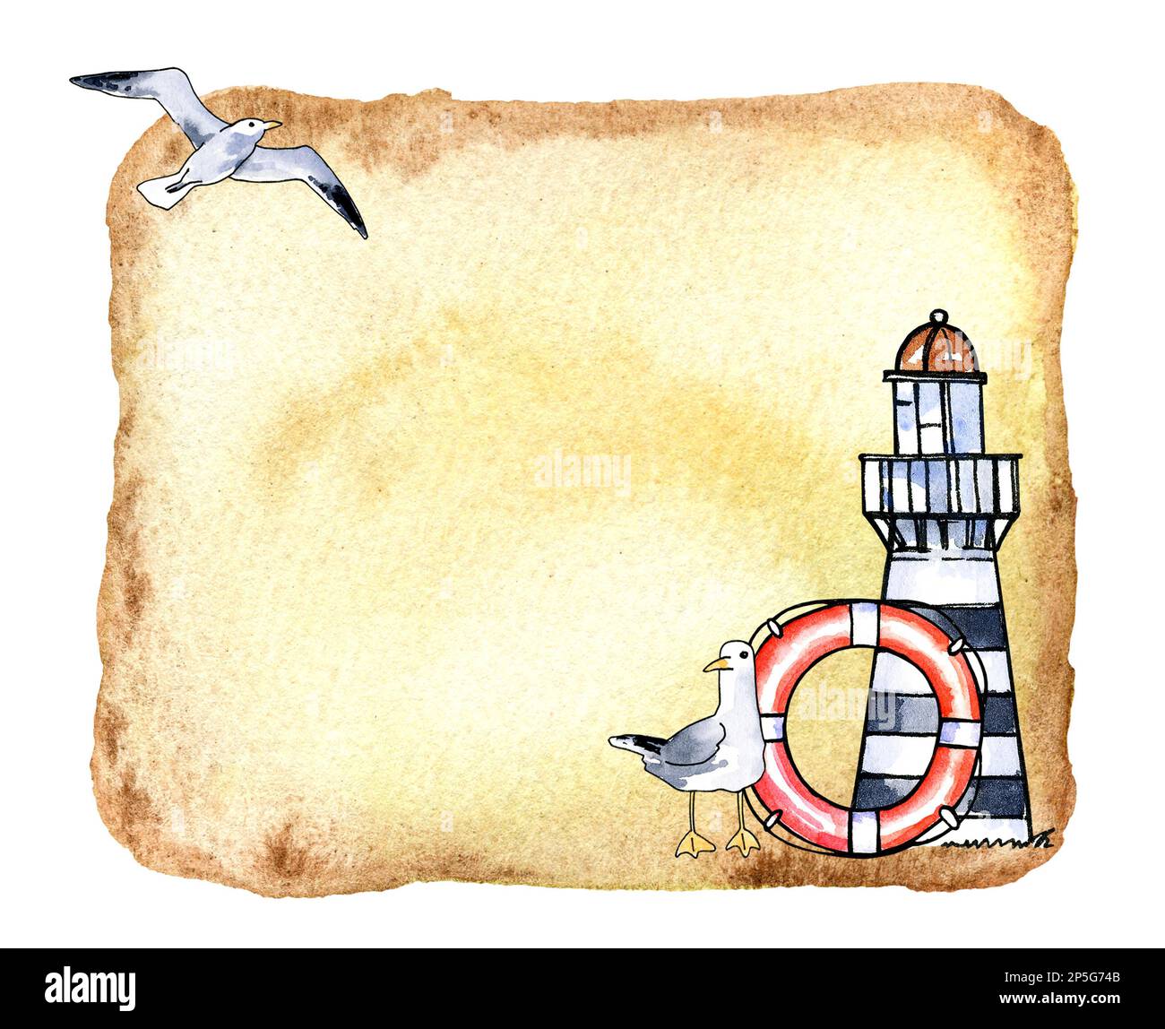 Bordure aquarelle texturée avec câble, phare, oiseau de mer et nœud sur le vieux papier. Illustration aquarelle. Dessiner à la main l'esquisse. Thème marin Banque D'Images