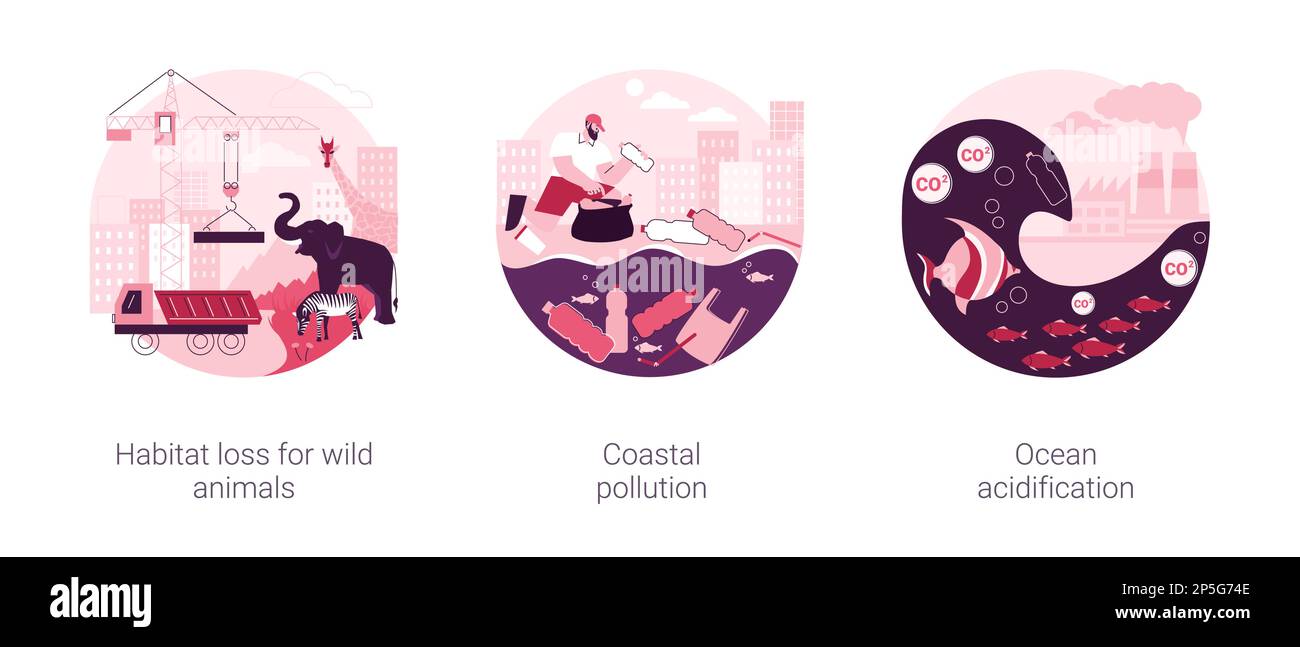 Ensemble d'illustrations vectorielles abstraites de changement d'environnement. La perte d'habitat pour les animaux sauvages, la pollution côtière, l'acidification des océans, la perte de la faune, le nettoyage des plages, métaphore abstraite des déchets toxiques. Illustration de Vecteur