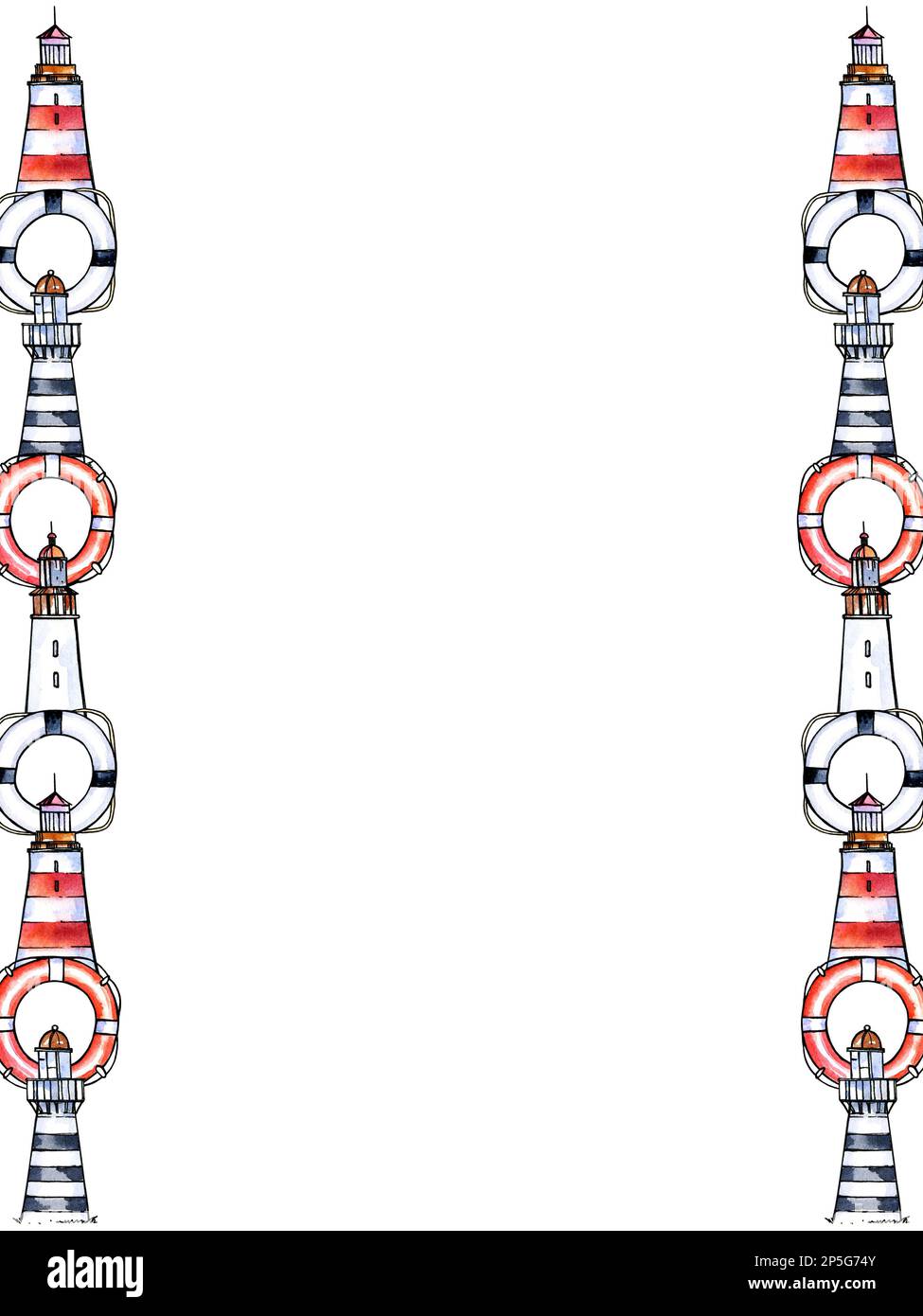 Bordure aquarelle avec phare, castor sur fond blanc. Illustration aquarelle. Dessiner à la main l'esquisse. Thème marin Banque D'Images