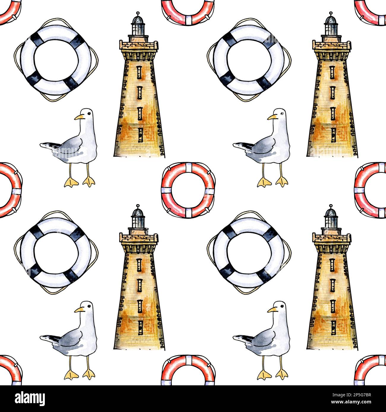 Motif sans couture avec mouettes, phare, bouée de sauvetage sur fond blanc. Illustration aquarelle. Dessiner à la main l'esquisse Banque D'Images