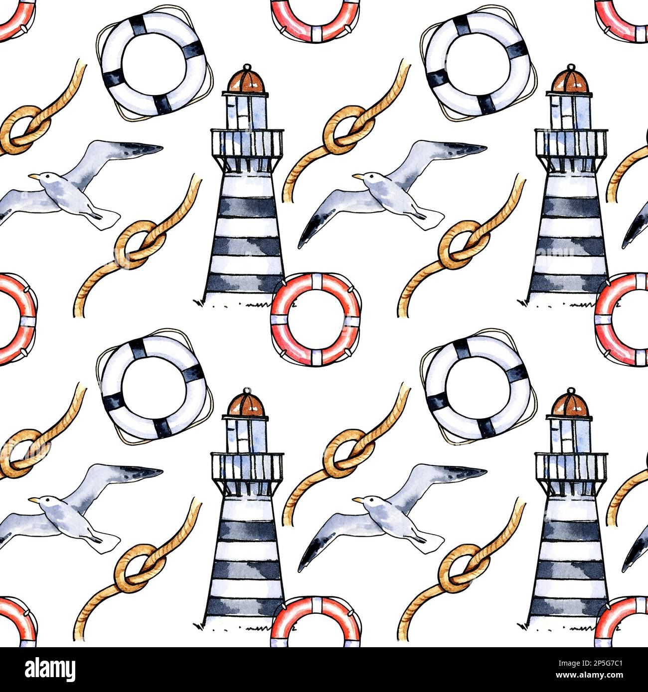 Motif sans couture avec mouettes, phare, bouée de sauvetage et nœud sur fond blanc. Illustration aquarelle. Dessiner à la main l'esquisse. Banque D'Images