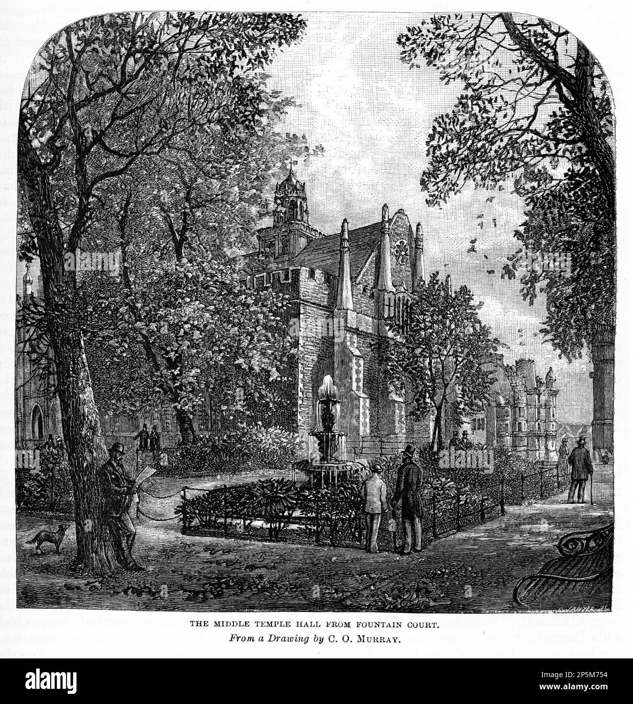 Gravure du Middle Temple Hall de Fountain court, Londres, Angleterre, vers 1880. L'honorable Society of the Middle Temple, communément appelé Middle Temple, est l'une des quatre auberges de la Cour ayant le droit exclusif d'appeler leurs membres au Barreau anglais comme barristers, les autres étant le Temple intérieur, Gray's Inn et Lincoln's Inn Banque D'Images