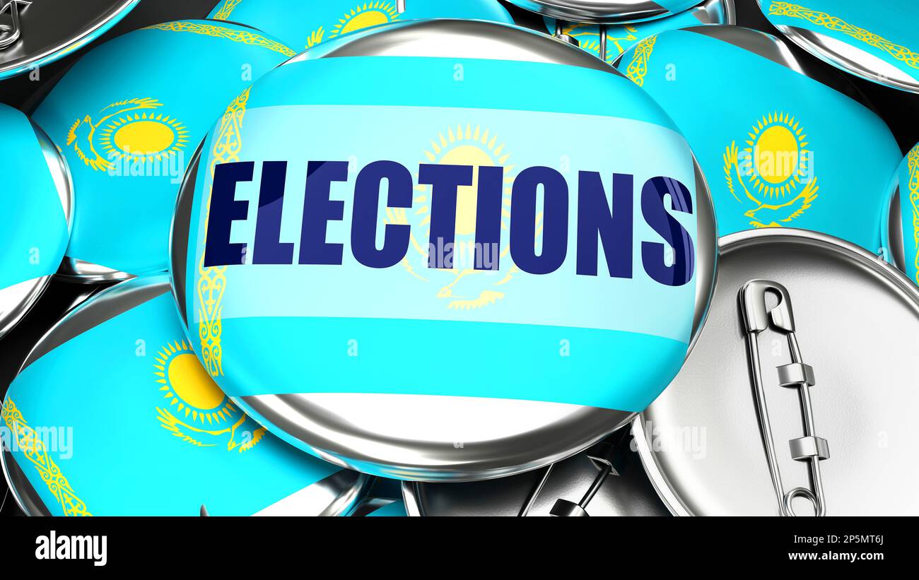 Kazakhstan et élections - boutons de pinback électoraux faits main pour la publicité, la campagne et le soutien du Kazakhstan dans les élections.,3D illustration Banque D'Images