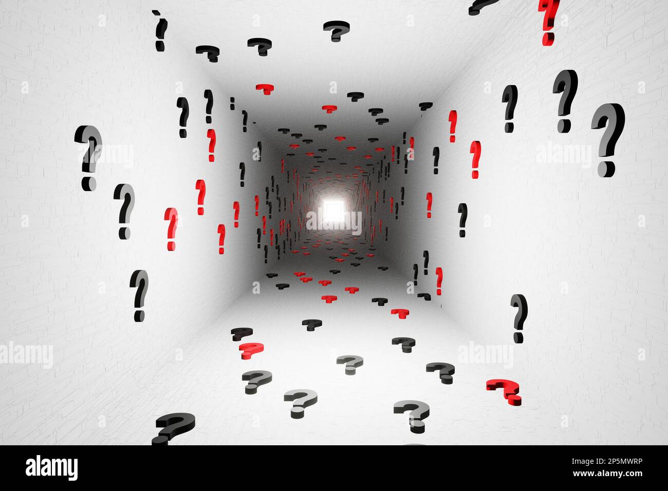 Points d'interrogation symboles icône de tunnel fond blanc 3D rendu. Cyber numérique questions, symbole, poser, poser, essentiels, réflexion sur la confusion Banque D'Images