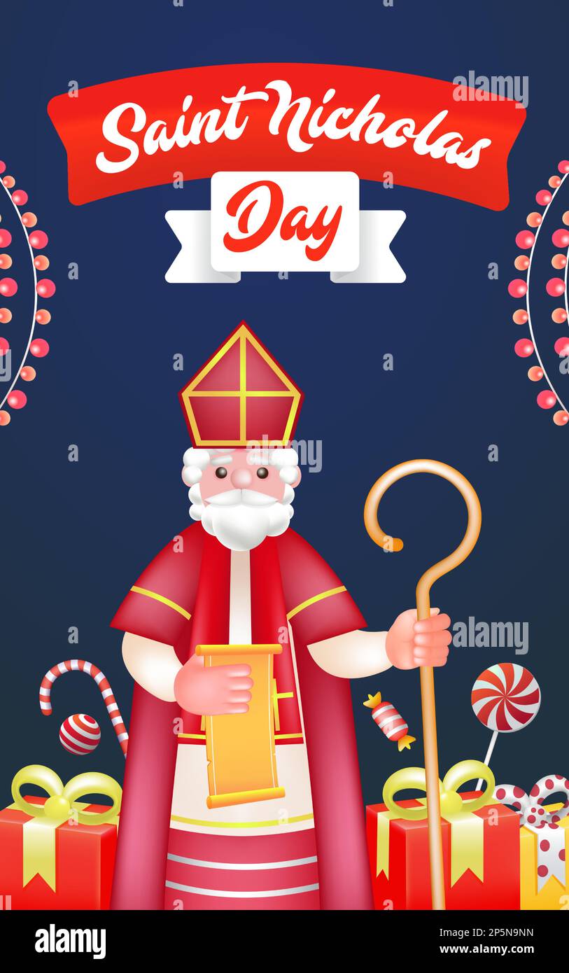 Saint Nicholas Day, Saint Nicholas a apporté des rouleaux de lettres et de cadeaux Illustration de Vecteur