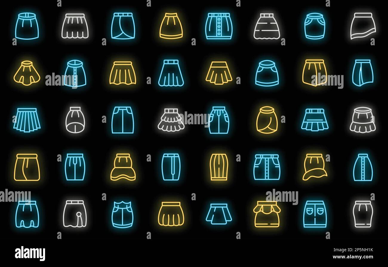 Les icônes de jupe définissent le vecteur de contour. Vêtements d'ensemble. Mini néon court sur noir Illustration de Vecteur