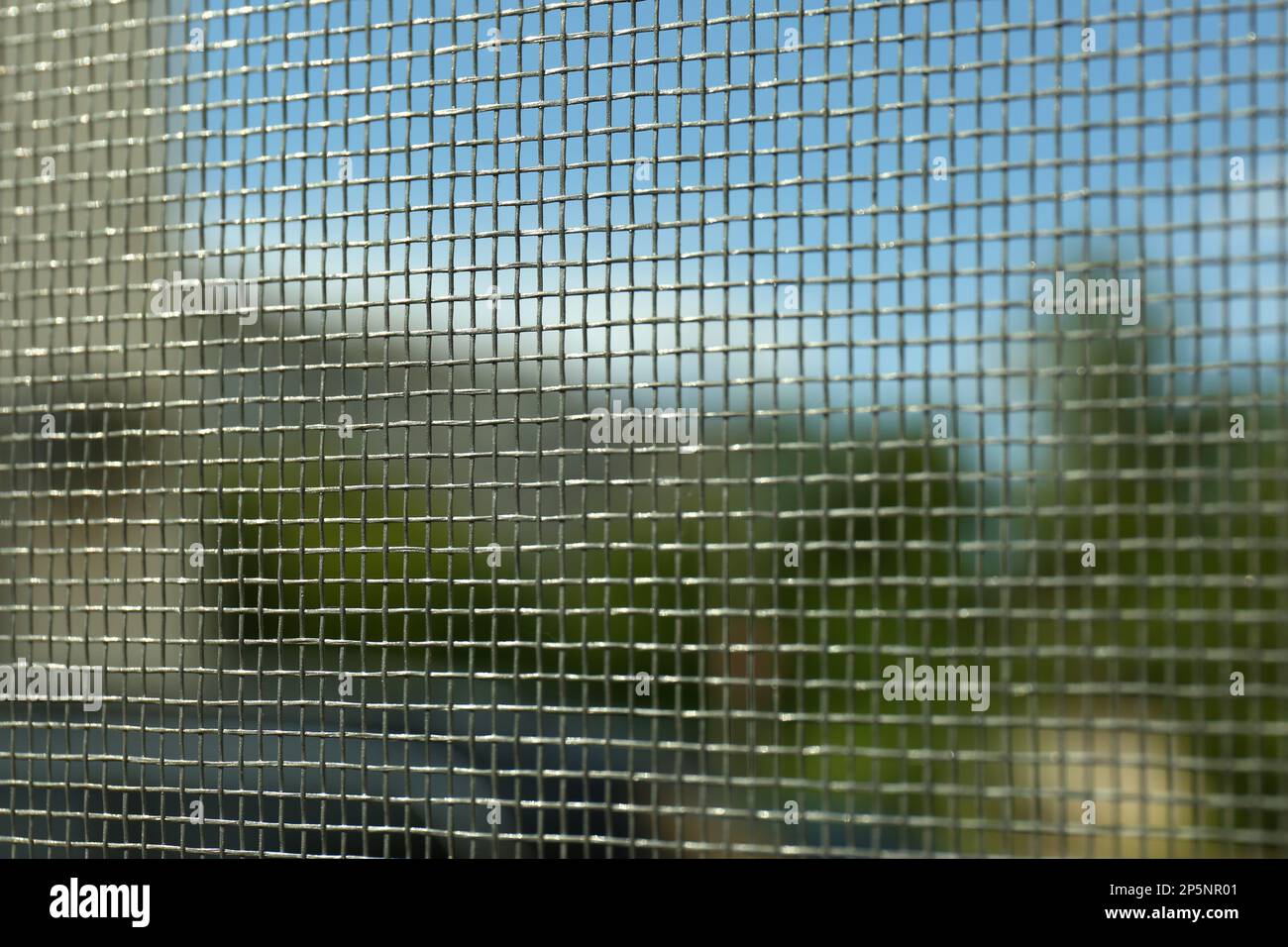 Gros plan de l'écran de la fenêtre des moustiques, vue de l'intérieur Banque D'Images