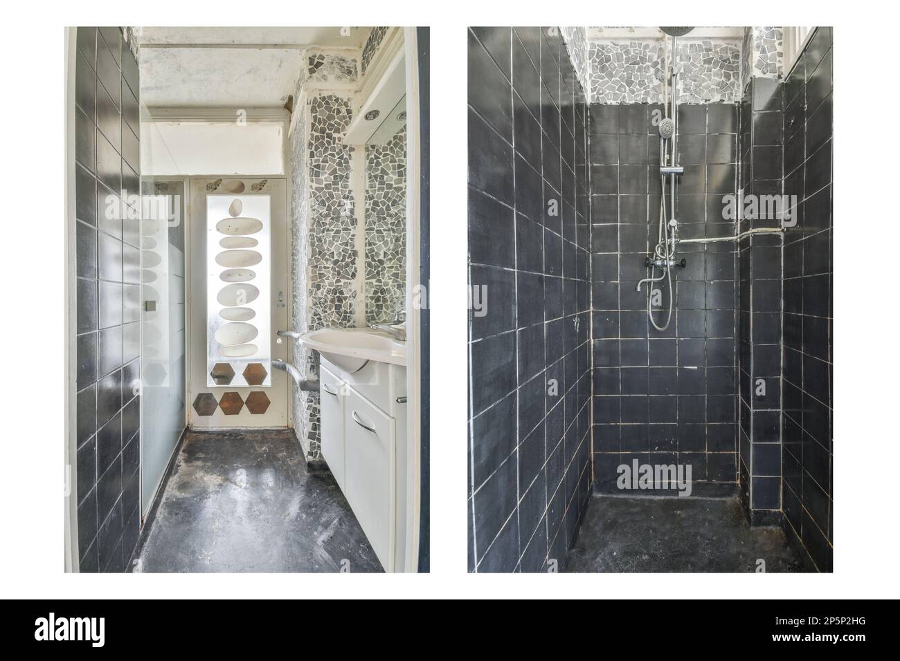 une salle de bains avec carreaux noirs et blancs sur les murs, et une image d'une toilette dans la cabine de douche Banque D'Images