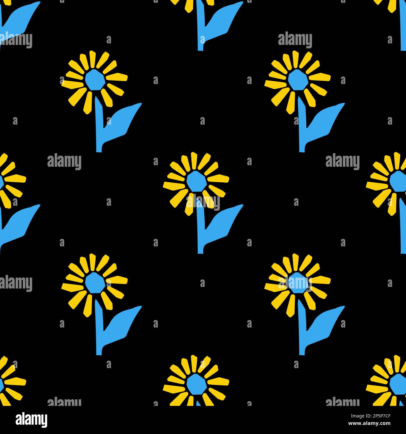 Motif sans couture avec illustration stylisée tournesol de style de coupe bleu et jaune sur fond noir Illustration de Vecteur