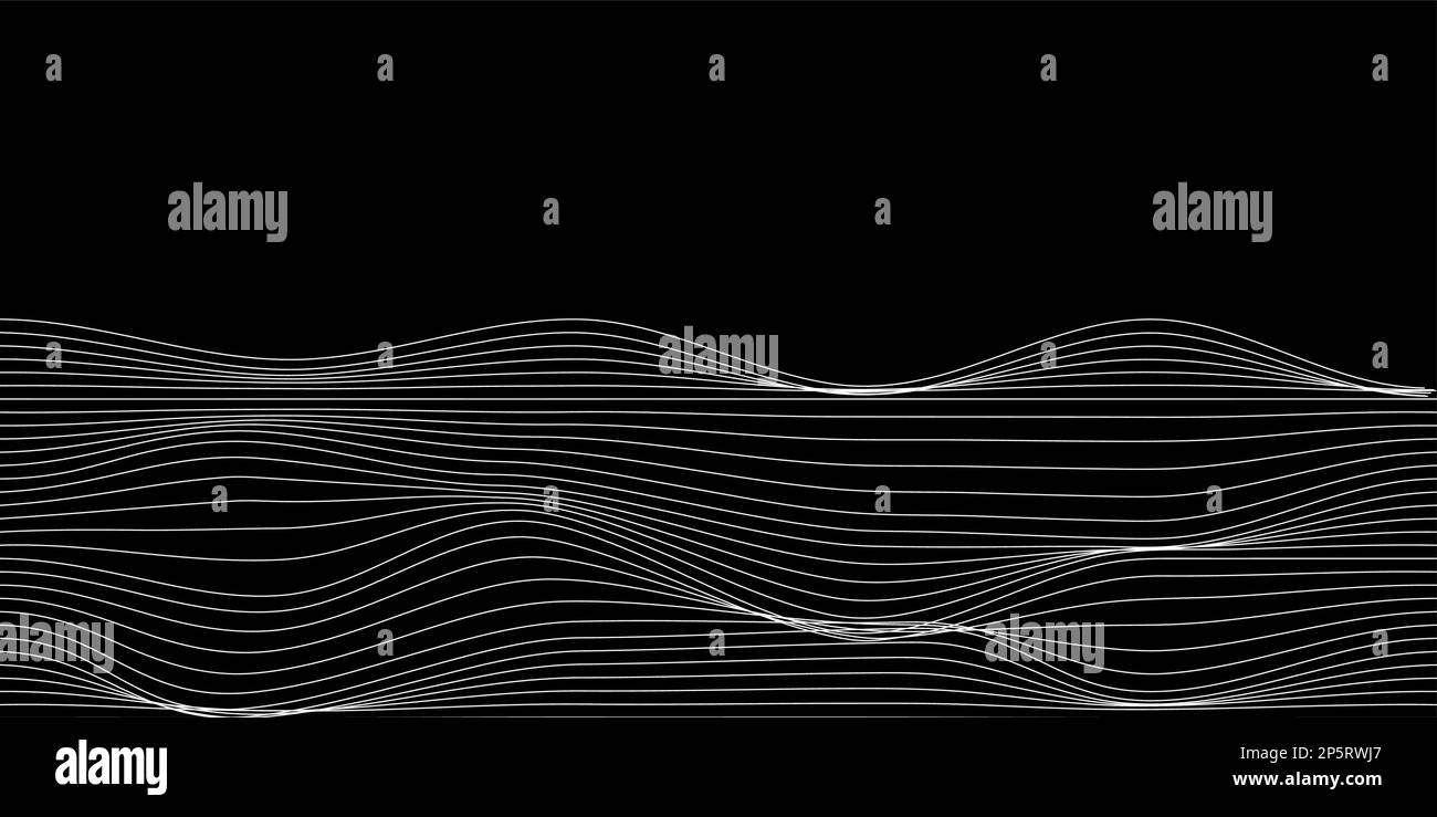 Lignes ondulées blanches sur fond noir. Motif de rayures ondulées. Conception linéaire de relief de mer, océan, montagne ou collines. Illustration graphique vectorielle Illustration de Vecteur