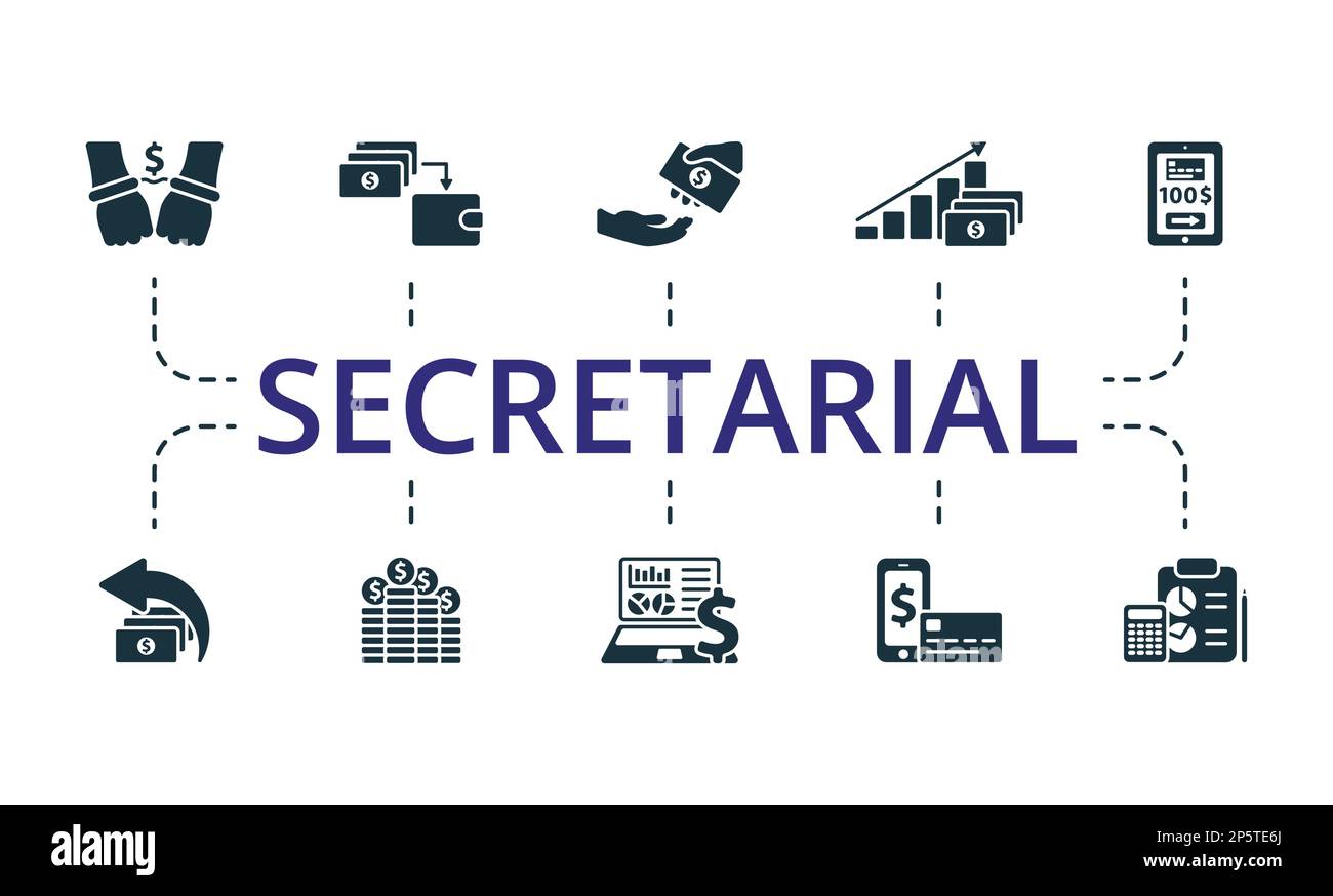Ensemble de secrétariat. Icônes créatives : passif, revenu net, paie, bénéfice, compte de paiement, retour sur investissement, fonds, système comptable, comptabilité Illustration de Vecteur