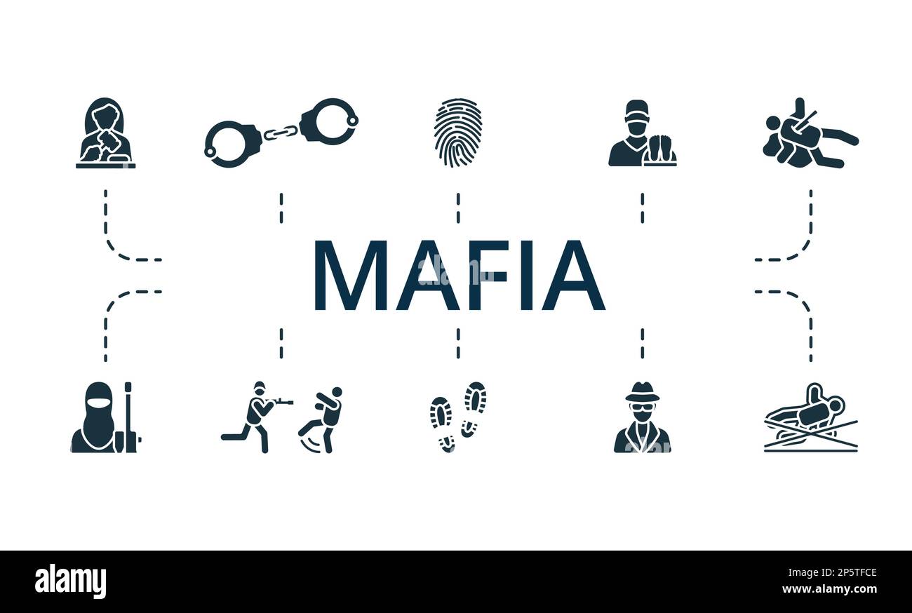 Set mafia. Icônes créatives : juge, menottes, empreintes digitales, coroner, meurtre, terrorisme, crime de guerre, empreintes digitales, espionnage, crime. Illustration de Vecteur