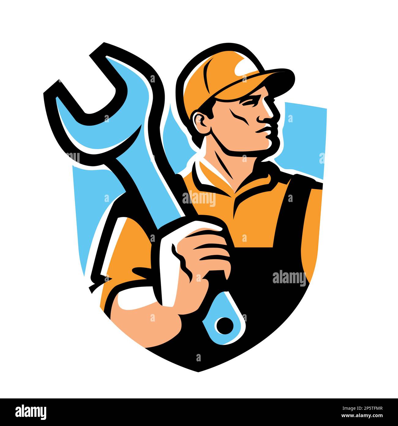Travailleur de la construction, emblème de l'ingénieur. Constructeur avec clé, logo d'atelier de style rétro. Illustration vectorielle Illustration de Vecteur