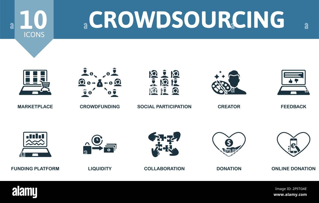 Kit d'externalisation ouverte. Icônes créatives : marché, financement participatif, participation sociale, créateur, feedback, plate-forme de financement, liquidité, collaboration Illustration de Vecteur