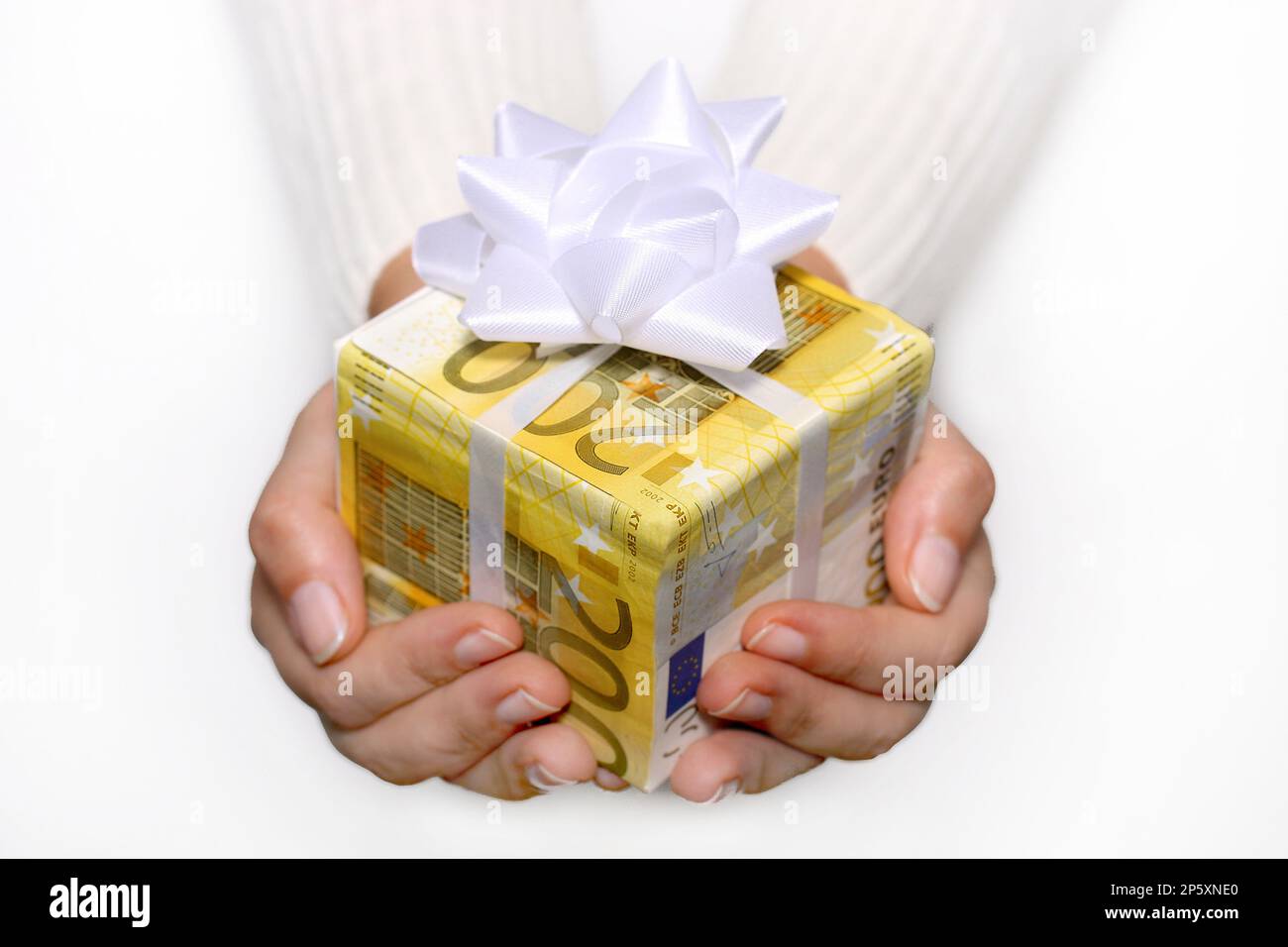 Main avec cadeau de noël, enveloppé dans des billets de 200 euros Photo  Stock - Alamy