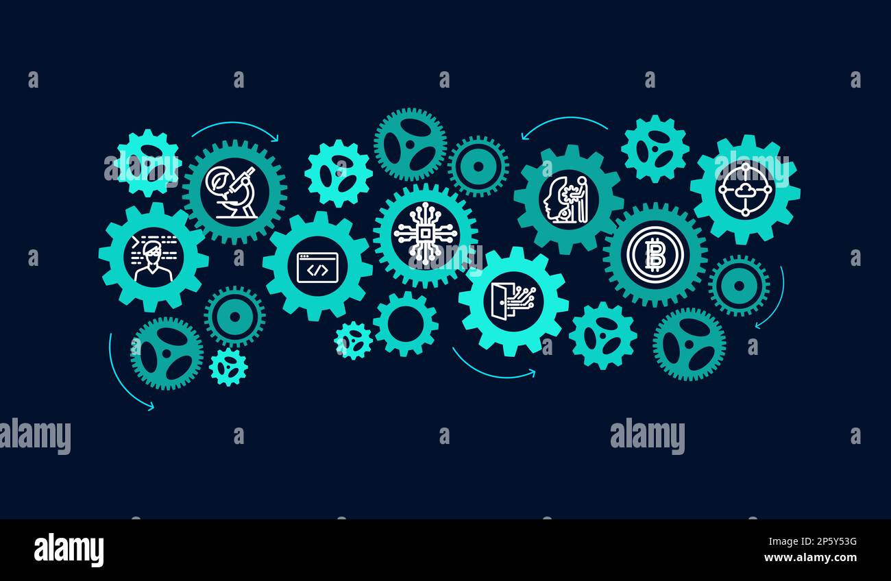 Technologie concept de gestion de système et de processus de travail ai sur fond bleu foncé. Groupe d'engrenages avec icônes technologiques connectées. Illustration G Banque D'Images