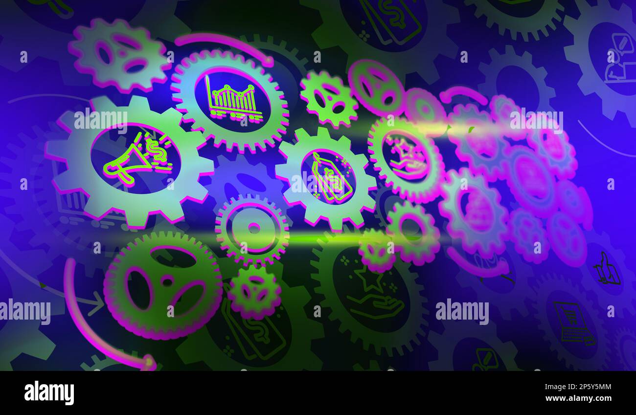 Système de marketing virtuel avec icône Groupe d'engrenages et entreprise connecté. Ventes, rétroaction et Groupe cible. Concept d'automatisation d'entreprise numérique. 3D Banque D'Images