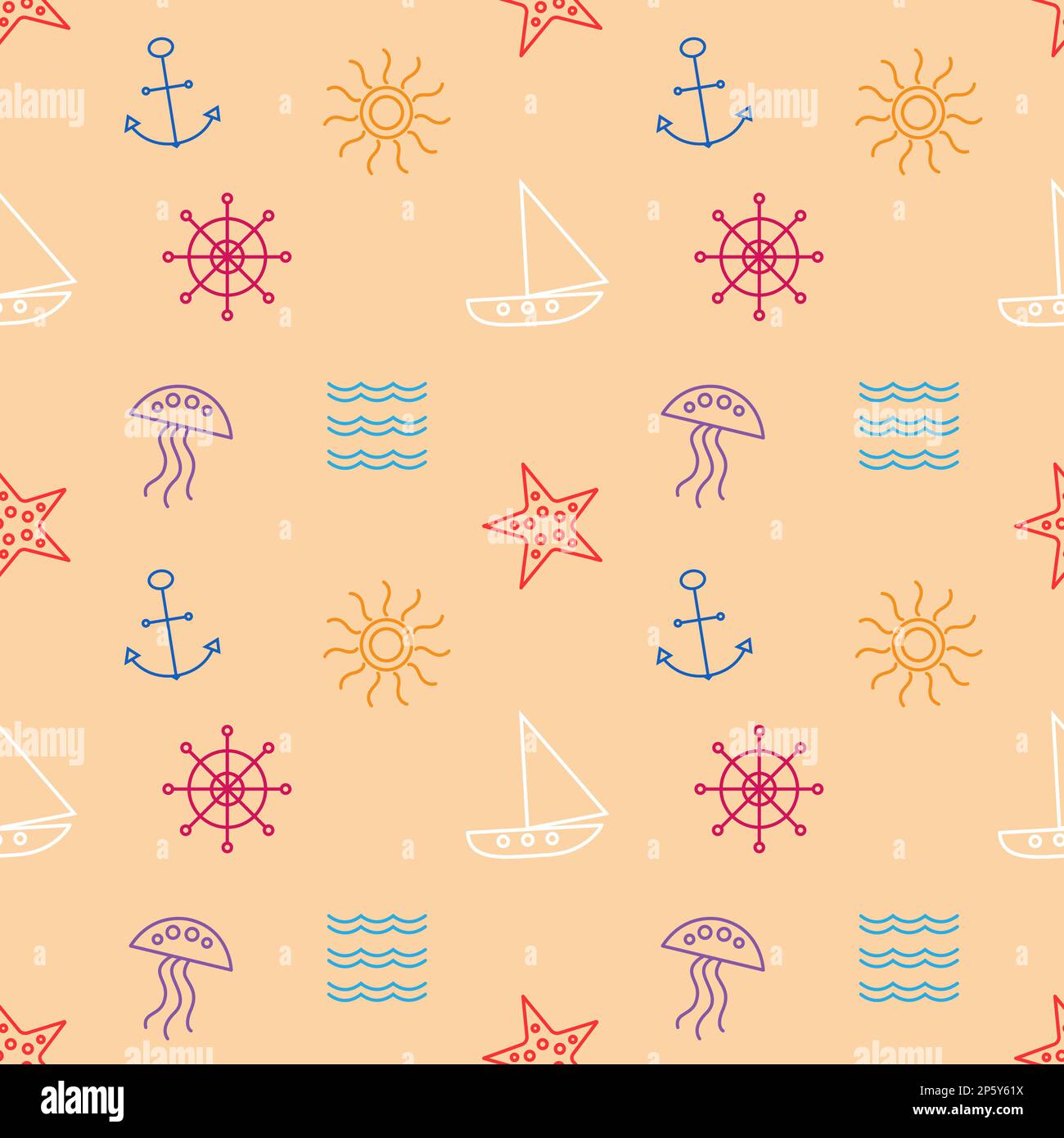 Modèle sans couture mer voyage vacances été sur un fond beige papier peint avec des objets colorés de mer. Illustration de Vecteur