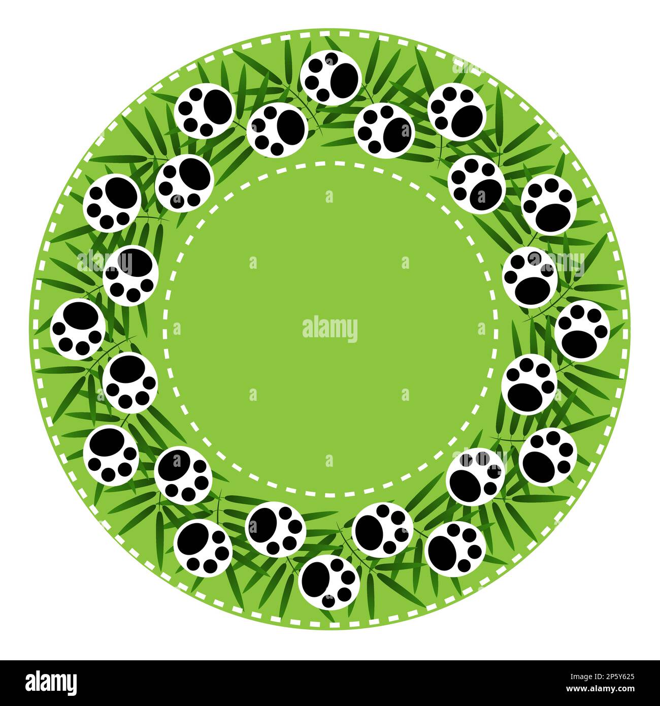 Cadre rond vert avec imprimés paw de panda et feuilles de palmier. Illustration de Vecteur