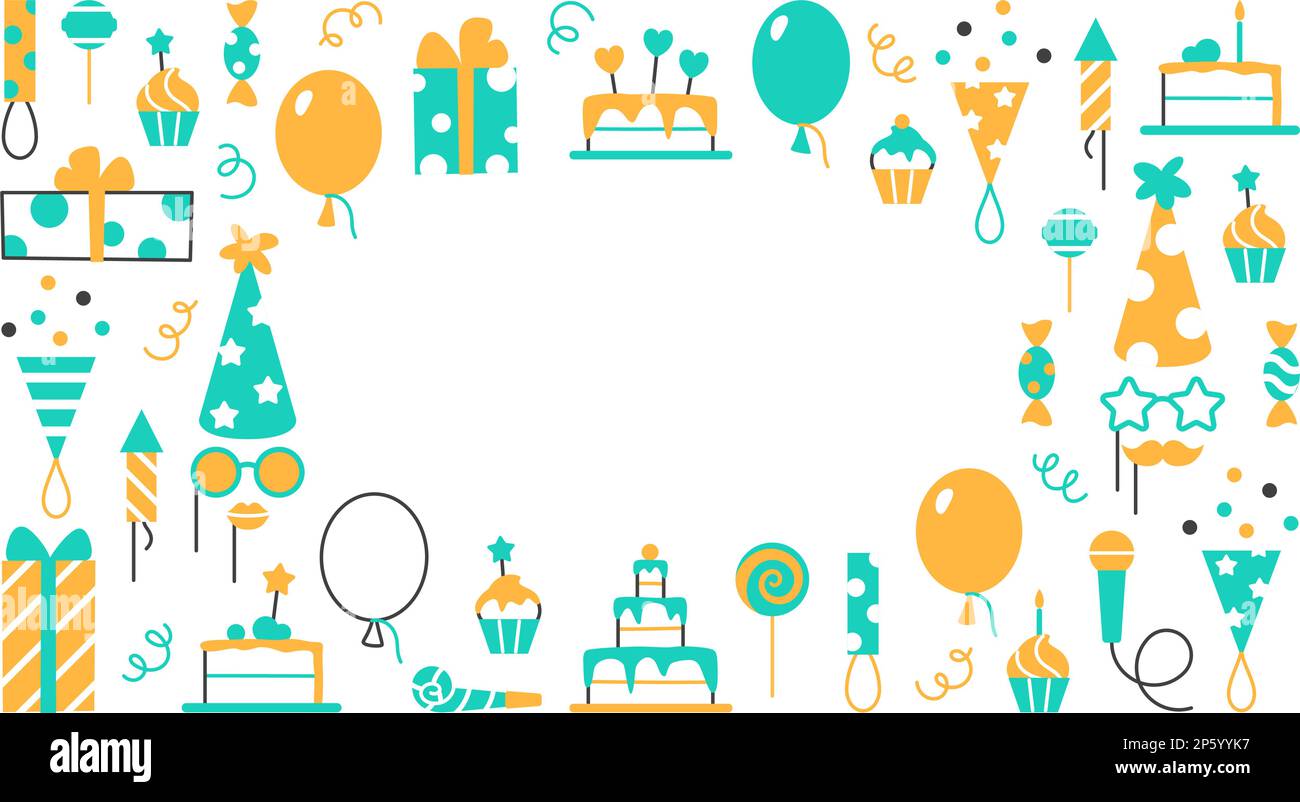 Arrière-plan du service d'événements avec espace de texte. Horizontal fête d'anniversaire fête de carnaval fête célébration bannière avec couleur amusante ligne plate éléments abstraits ca Illustration de Vecteur