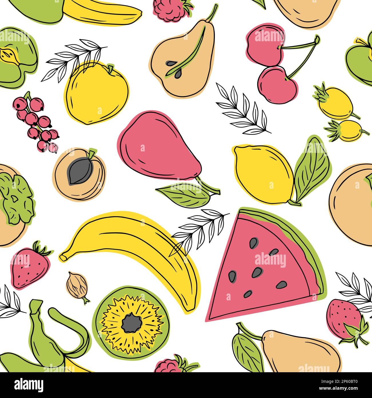 Croquis simples sans couture de différents types de fruits et de baies. Illustration vectorielle à main levée isolée sur fond blanc Illustration de Vecteur