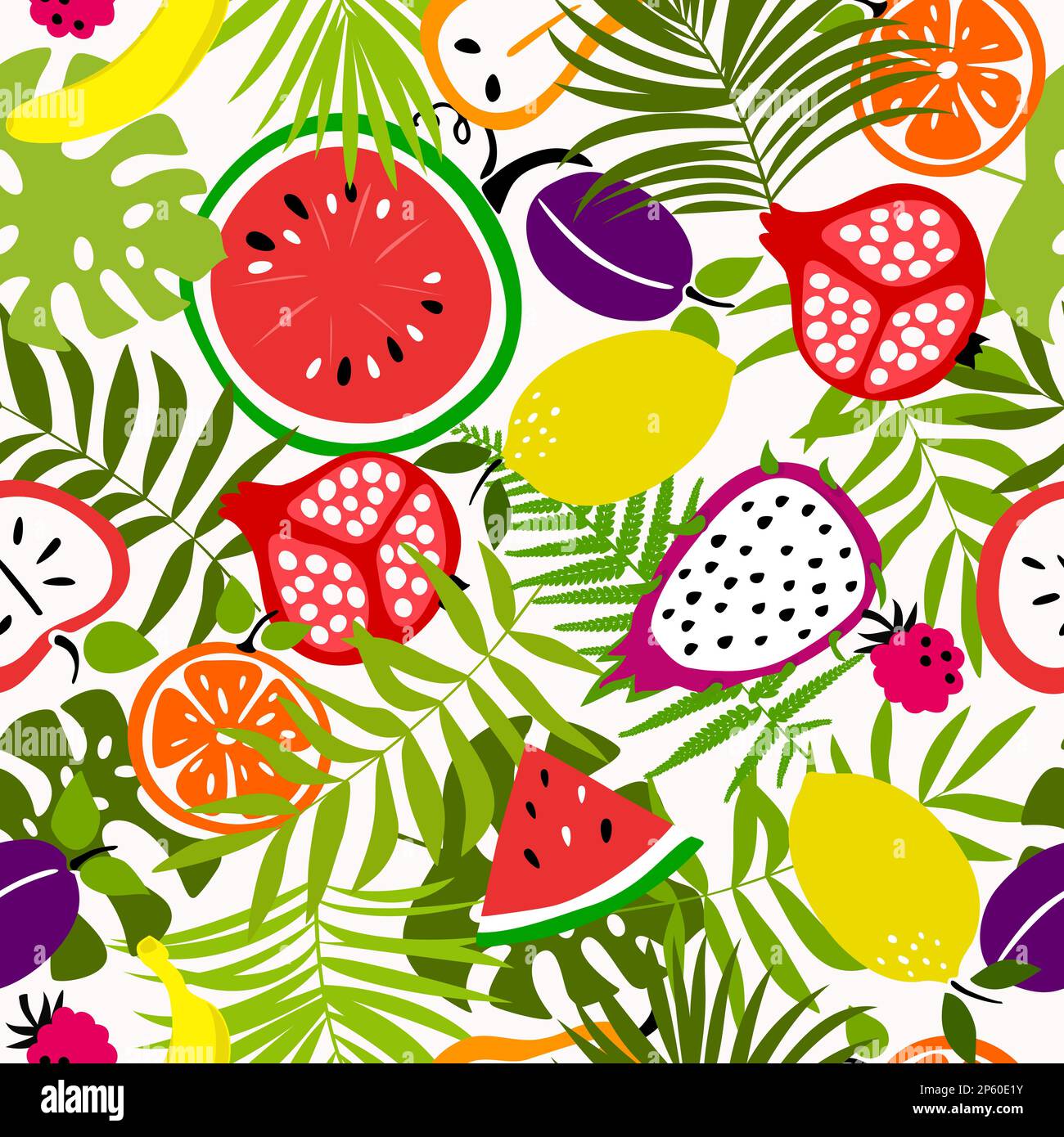 Motif de fruits sans couture, collection de fruits exotiques tropicaux avec plantes. Motif été. Fruits exotiques tropicaux. Illustration vectorielle colorée Illustration de Vecteur