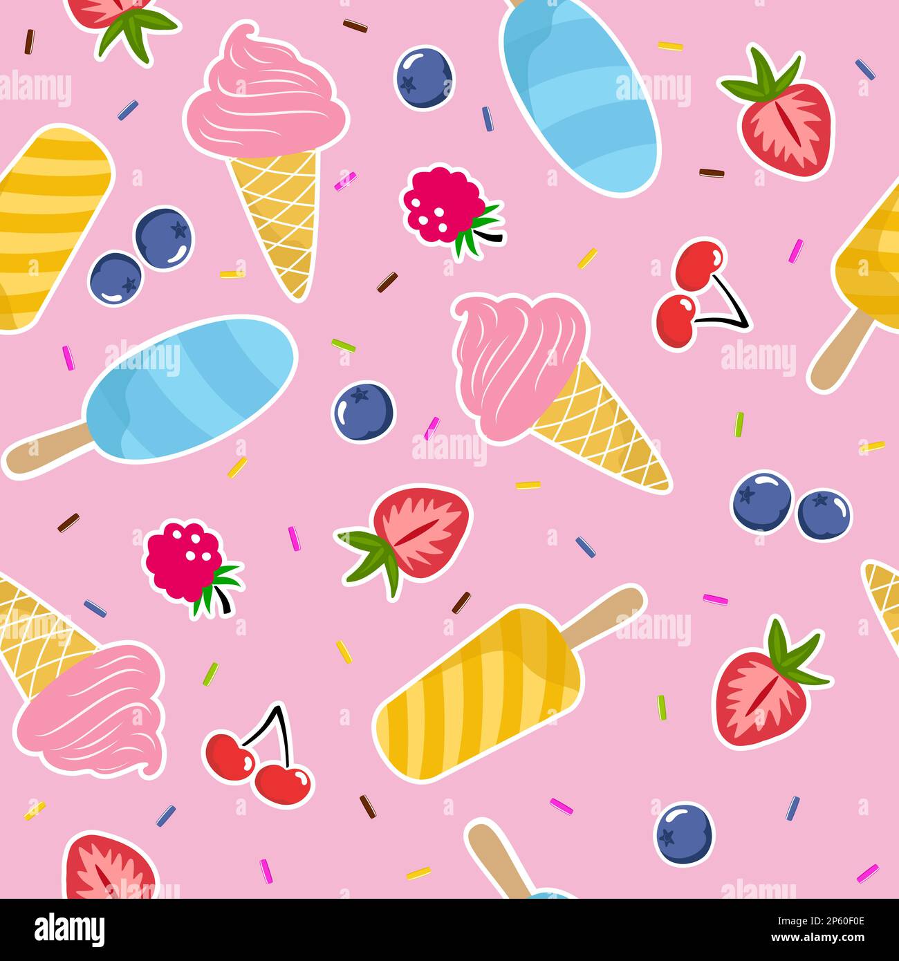 Motif crème glacée d'été avec baies. Joli fond vectoriel sans couture avec cône fraise, framboise, cerise et crème glacée. Illustration de Vecteur