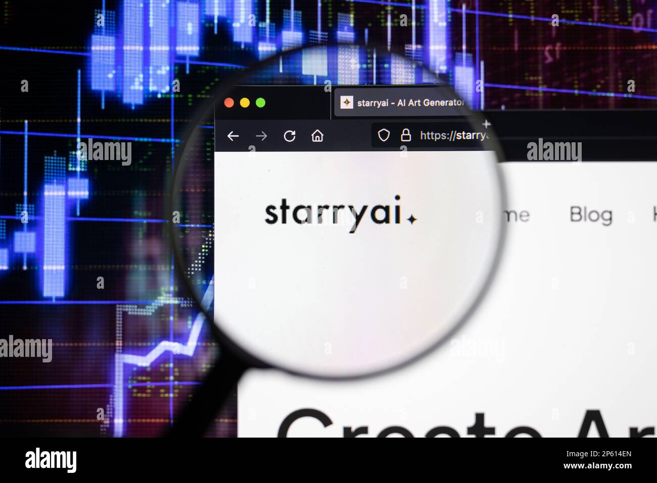Logo de la société Starryai sur un site Web avec des développements flous de marché boursier en arrière-plan, vu sur un écran d'ordinateur à travers une loupe Banque D'Images