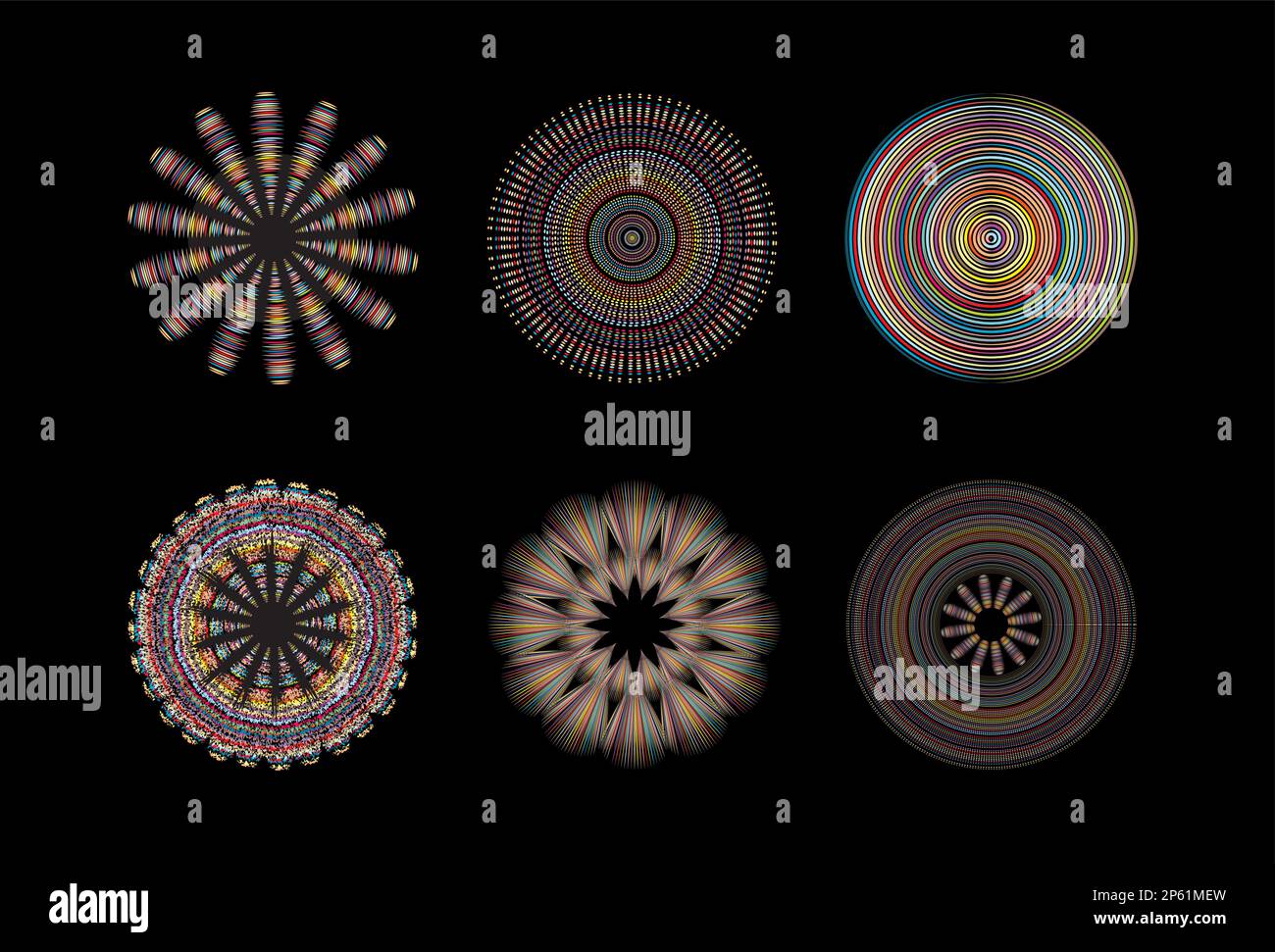 illustration vectorielle d'art tribal colorée en formes rondes géométriques avec lignes et points dynamiques isolés sur un fond noir. Illustration de Vecteur