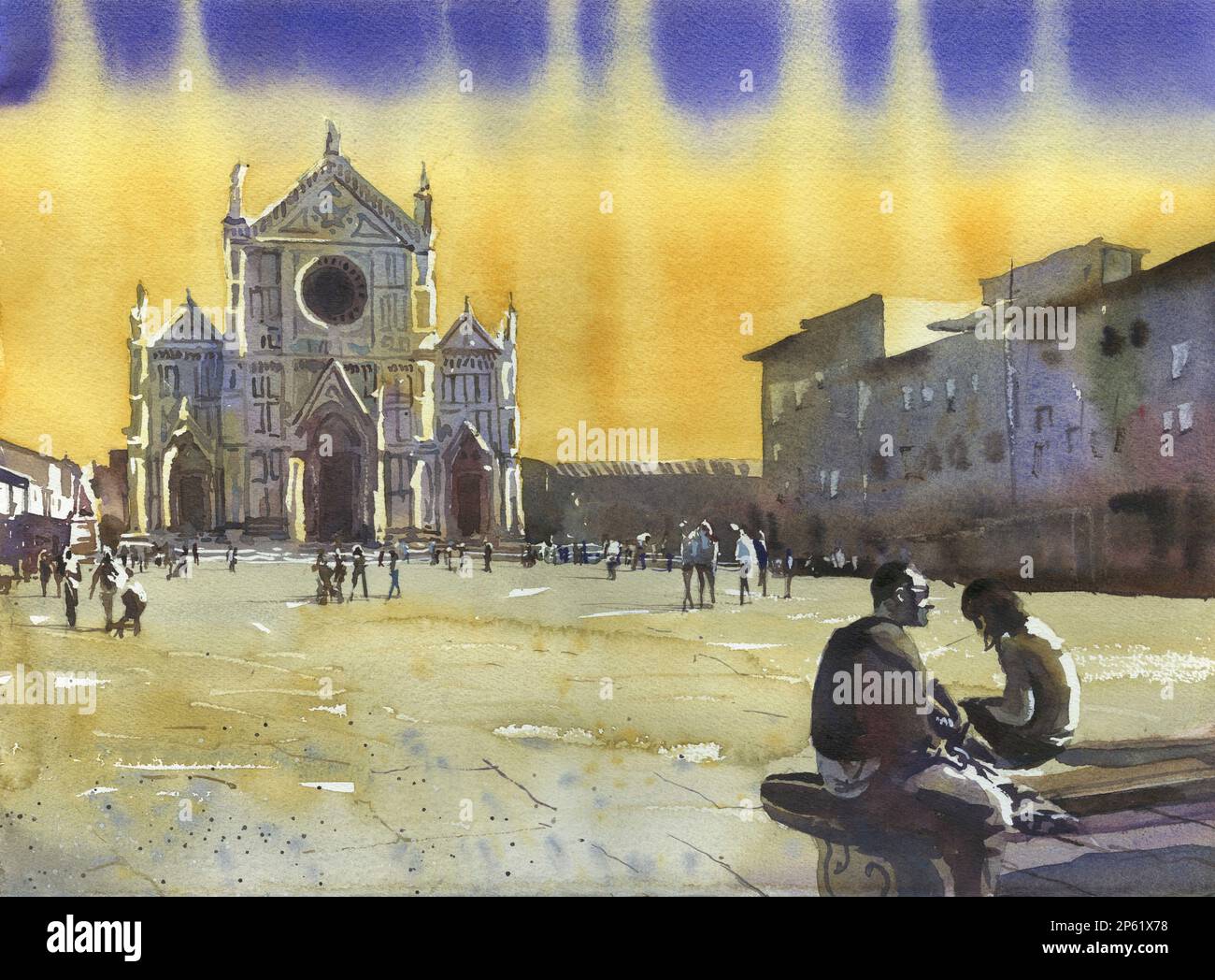 Peinture de Florence, Italie église au coucher du soleil. Eglise de Santa Croce dans la ville médiévale de Florence Italie au coucher du soleil la décoration italienne d'art Banque D'Images