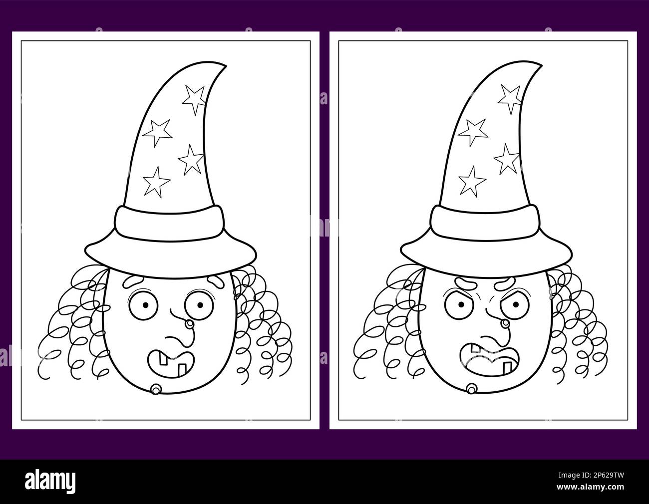 Halloween coloriage pages ensemble avec une jolie sorcière - heureux et en colère Illustration de Vecteur