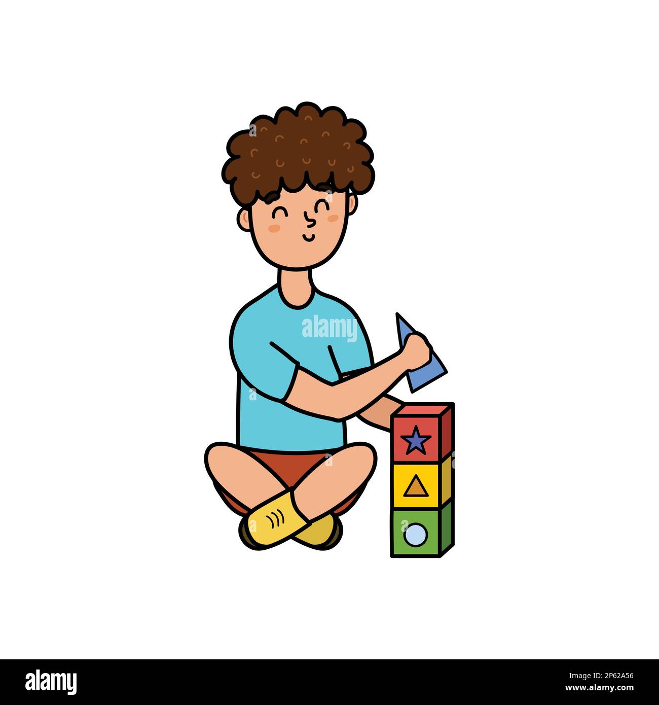 Mignon petit garçon assis, jouant et faisant la pyramide Illustration de Vecteur