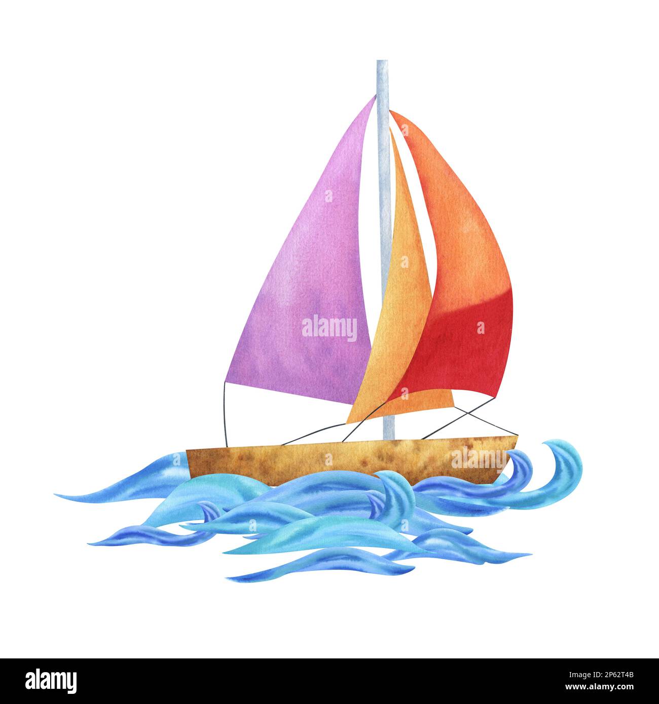 Composition avec un bateau à voile dans la mer. L'illustration est peinte en aquarelle isolée sur un fond blanc. Pour le design, l'emballage, advertisi Banque D'Images