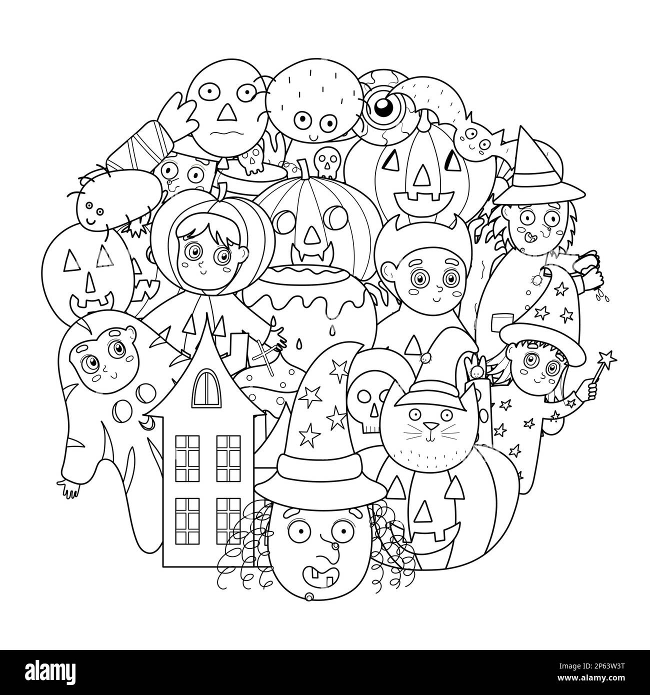 Motif en forme de cercle avec de jolis personnages d'Halloween pour le livre de coloriage. Arrière-plan noir et blanc Illustration de Vecteur