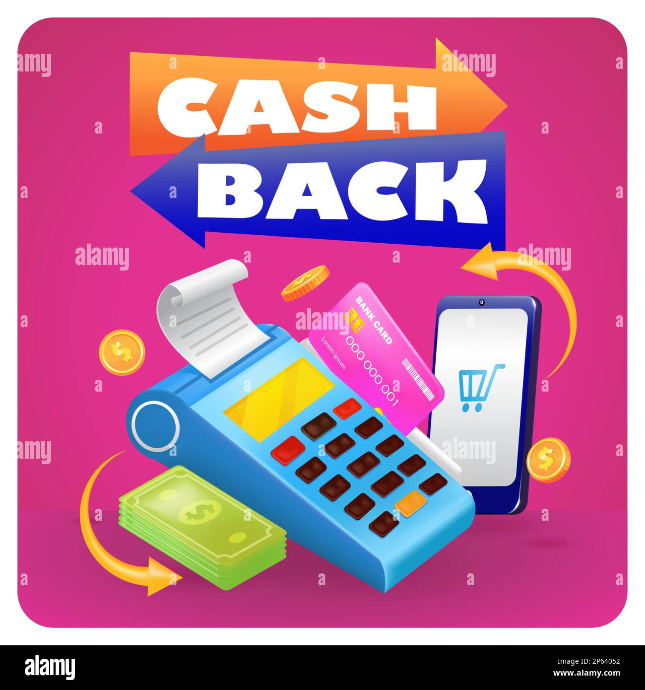 Remboursement. 3d illustration du paiement par carte de crédit via terminal, argent et smartphone Illustration de Vecteur