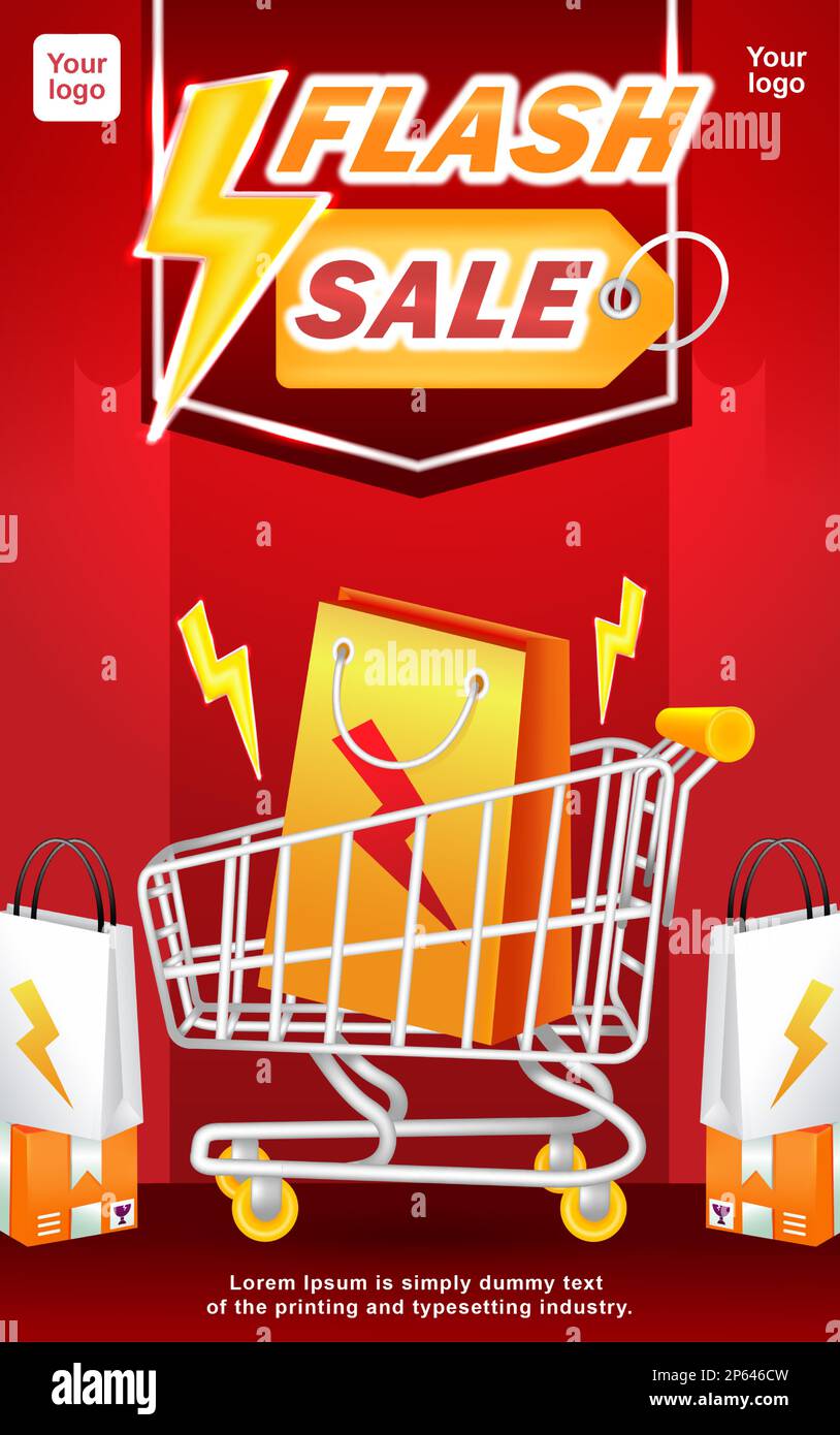 Flash sale, 3D illustration de sac à provisions et de chariot avec effet de foudre Illustration de Vecteur